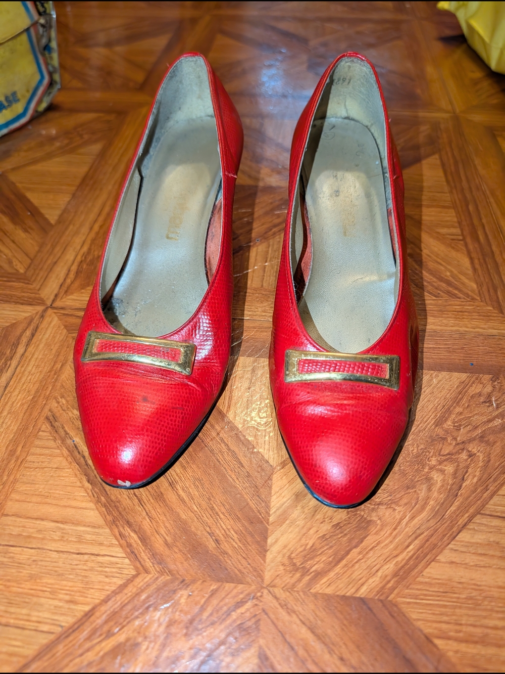 Red Women's Leather Heels with Gold Accent Plaque